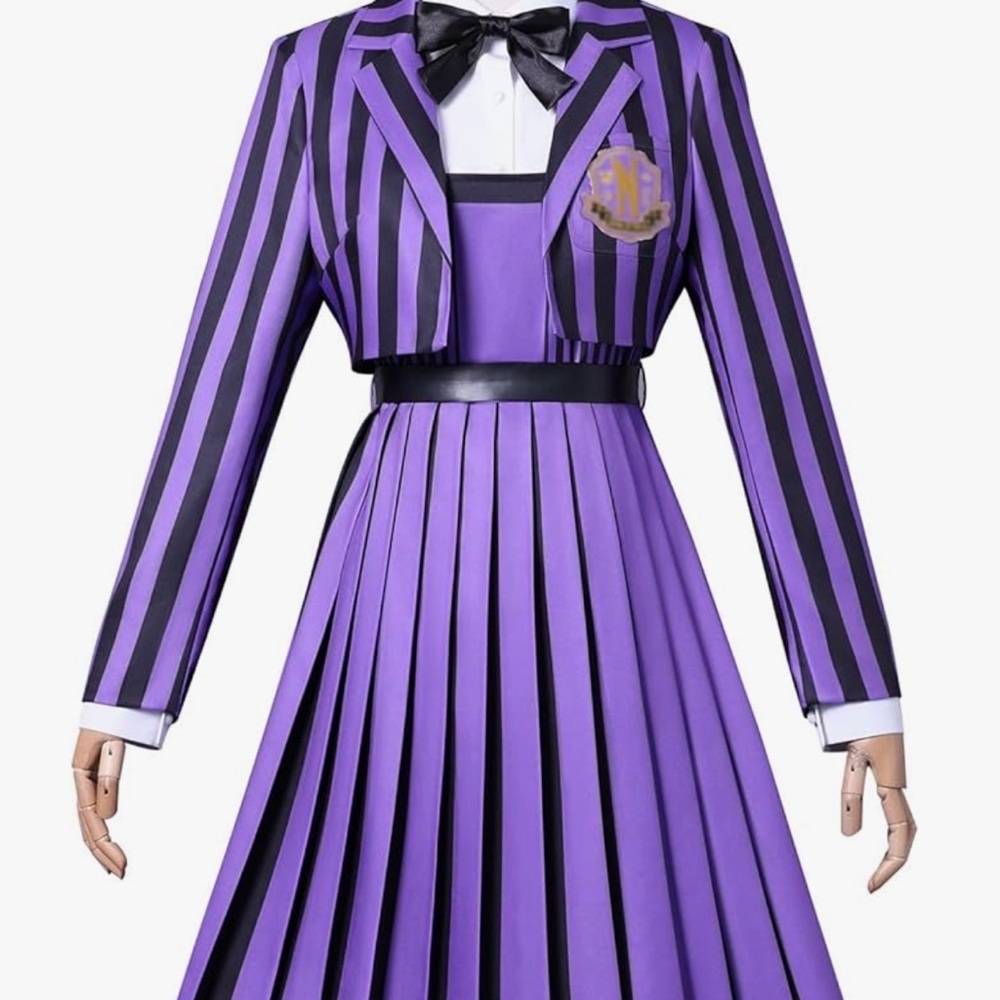 Purple and Black Striped Dress with Bow Tie
